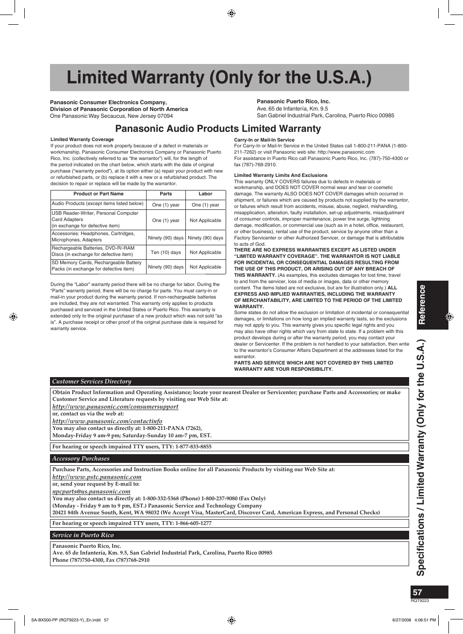 Limited warranty (only for the u.s.a.), Panasonic audio products limited warranty, Ref erence | Panasonic RQT9223 User Manual | Page 57 / 60