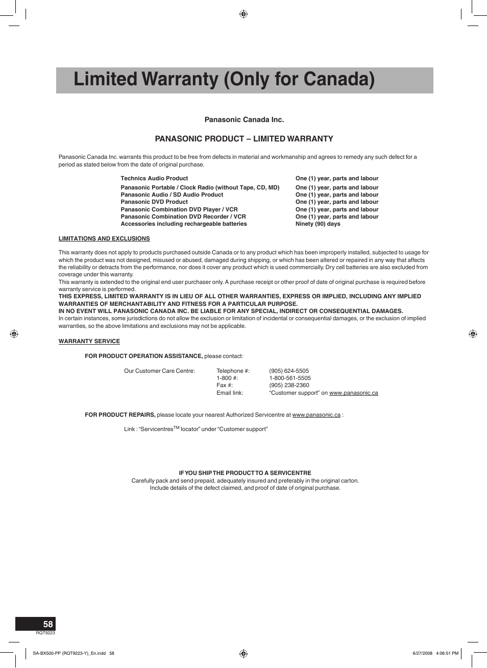 Limited warranty (only for canada), Panasonic product – limited warranty | Panasonic RQT9223 User Manual | Page 58 / 60