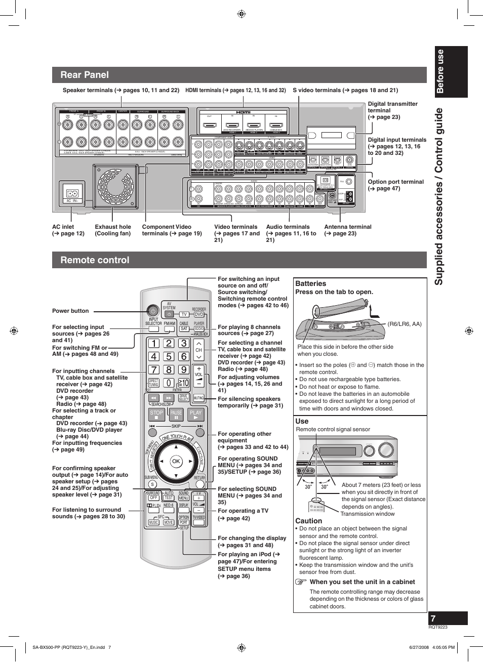 Supplied accessories / contr ol guide, Rear panel remote control, Bef ore use | Batteries, Caution, Press on the tab to open, When you set the unit in a cabinet | Panasonic RQT9223 User Manual | Page 7 / 60