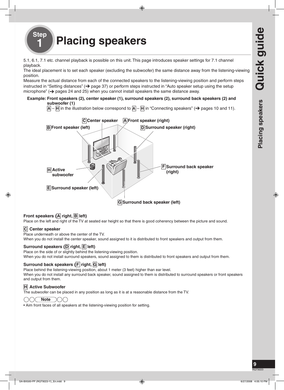 Placing speakers, Quic k guide, 1placing speakers | Step, Placing speaker s | Panasonic RQT9223 User Manual | Page 9 / 60