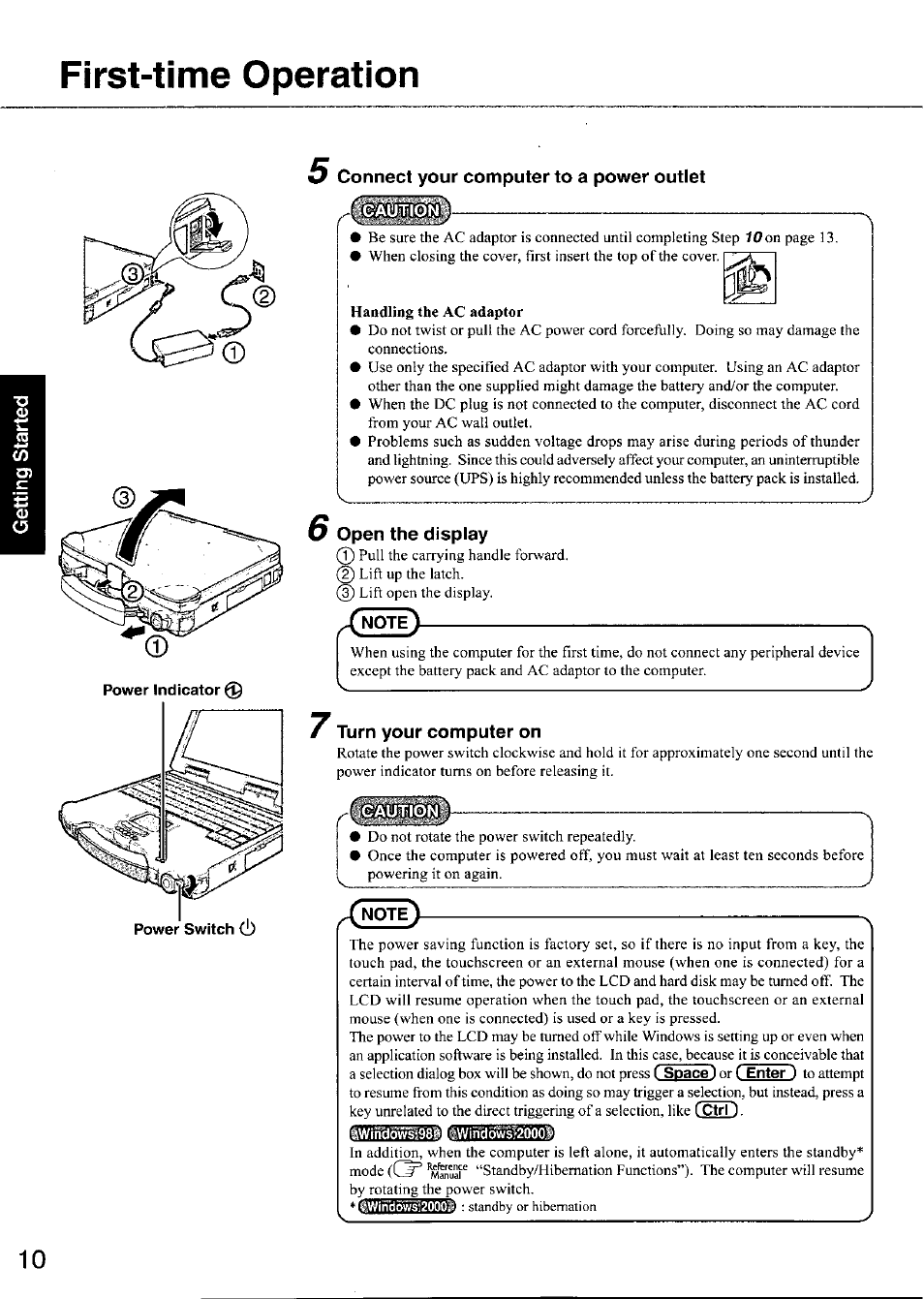 Connect your computer to a power outlet, Open the display, Turn your computer on | First-time operation | Panasonic TOUGHBOOK CF-28 User Manual | Page 10 / 36