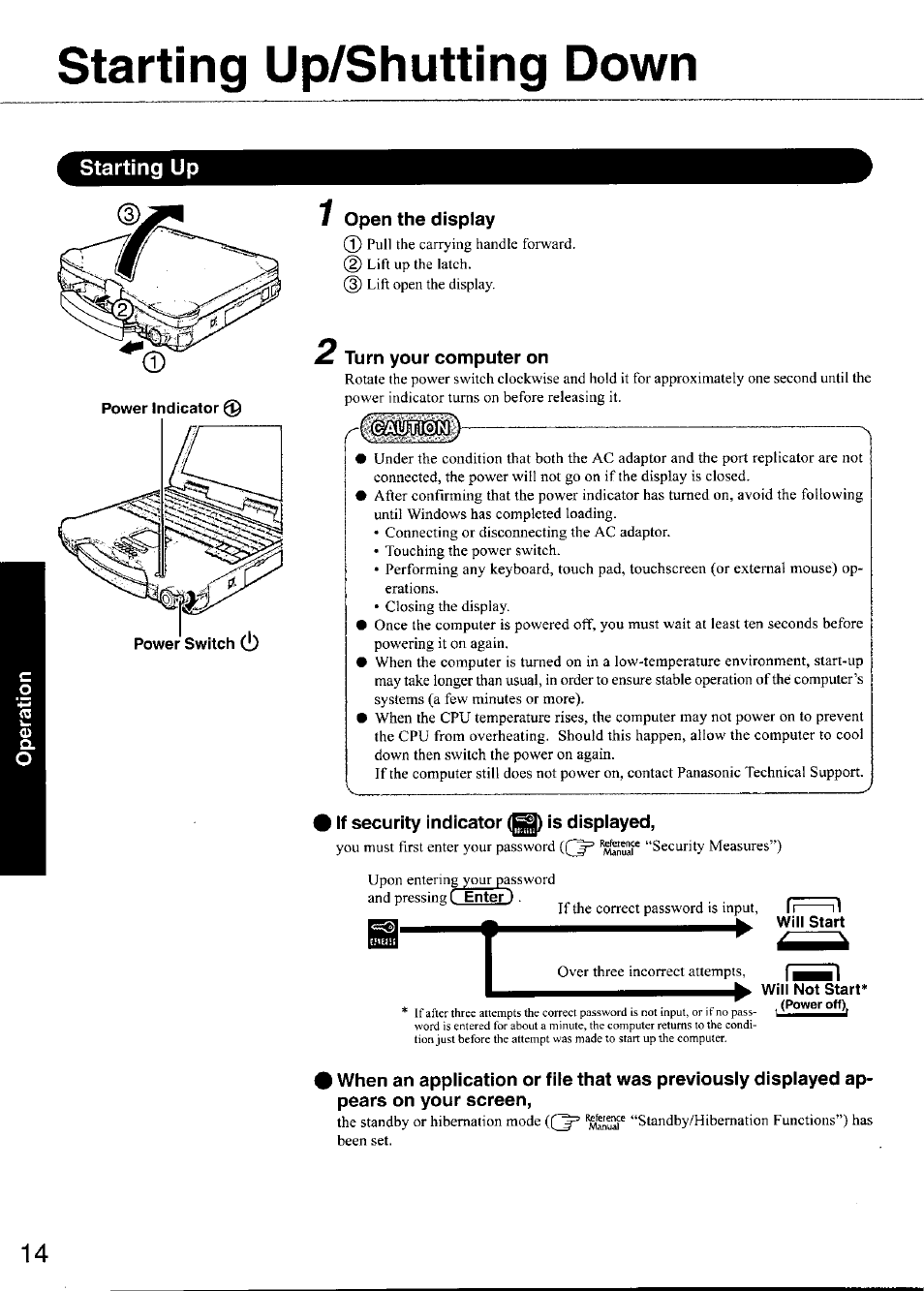 Starting up/shutting down, Starting up, Power indicator | 1 open the display, Turn your computer on, If security indicator (|sd is displayed, Will not start | Panasonic TOUGHBOOK CF-28 User Manual | Page 14 / 36