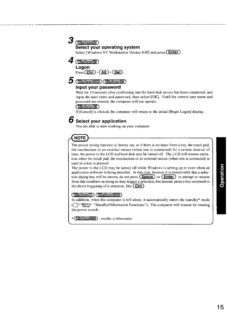 Twindo^ntv, Select your operating system, Logon | Iwindow^2000|iiwj ndo, Input your password, Select your application, 4w.i ndqw^98inwi ndov | Panasonic TOUGHBOOK CF-28 User Manual | Page 15 / 36