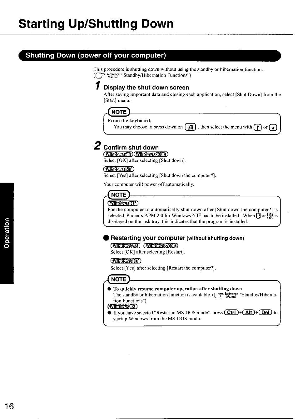 Shutting down (power off your computer), 1 display the shut down screen, 2 confirm shut down | Restarting your computer (without shutting down), Windo^ntt, Starting up/shutting down | Panasonic TOUGHBOOK CF-28 User Manual | Page 16 / 36