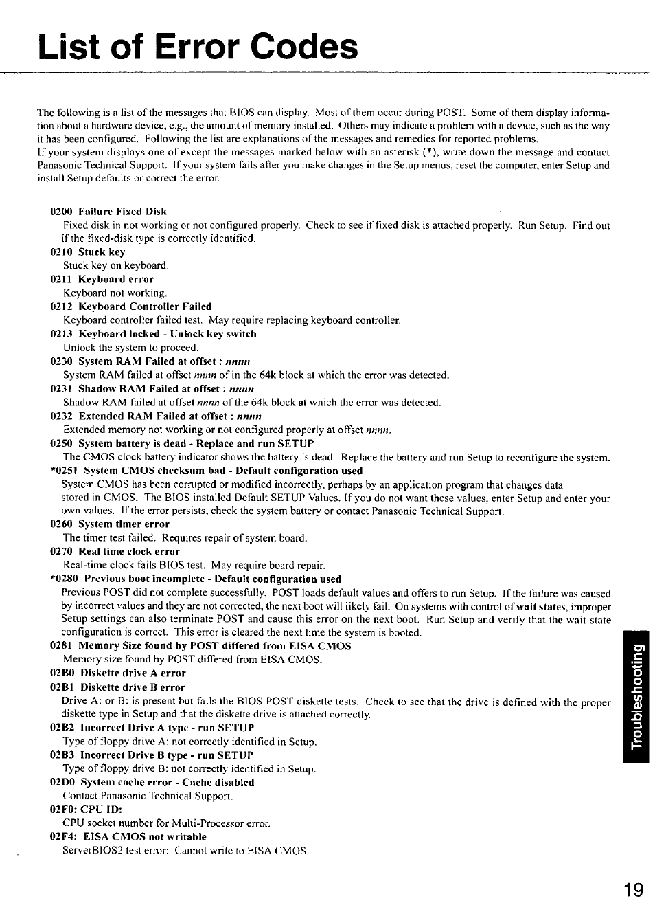 List of error codes | Panasonic TOUGHBOOK CF-28 User Manual | Page 19 / 36