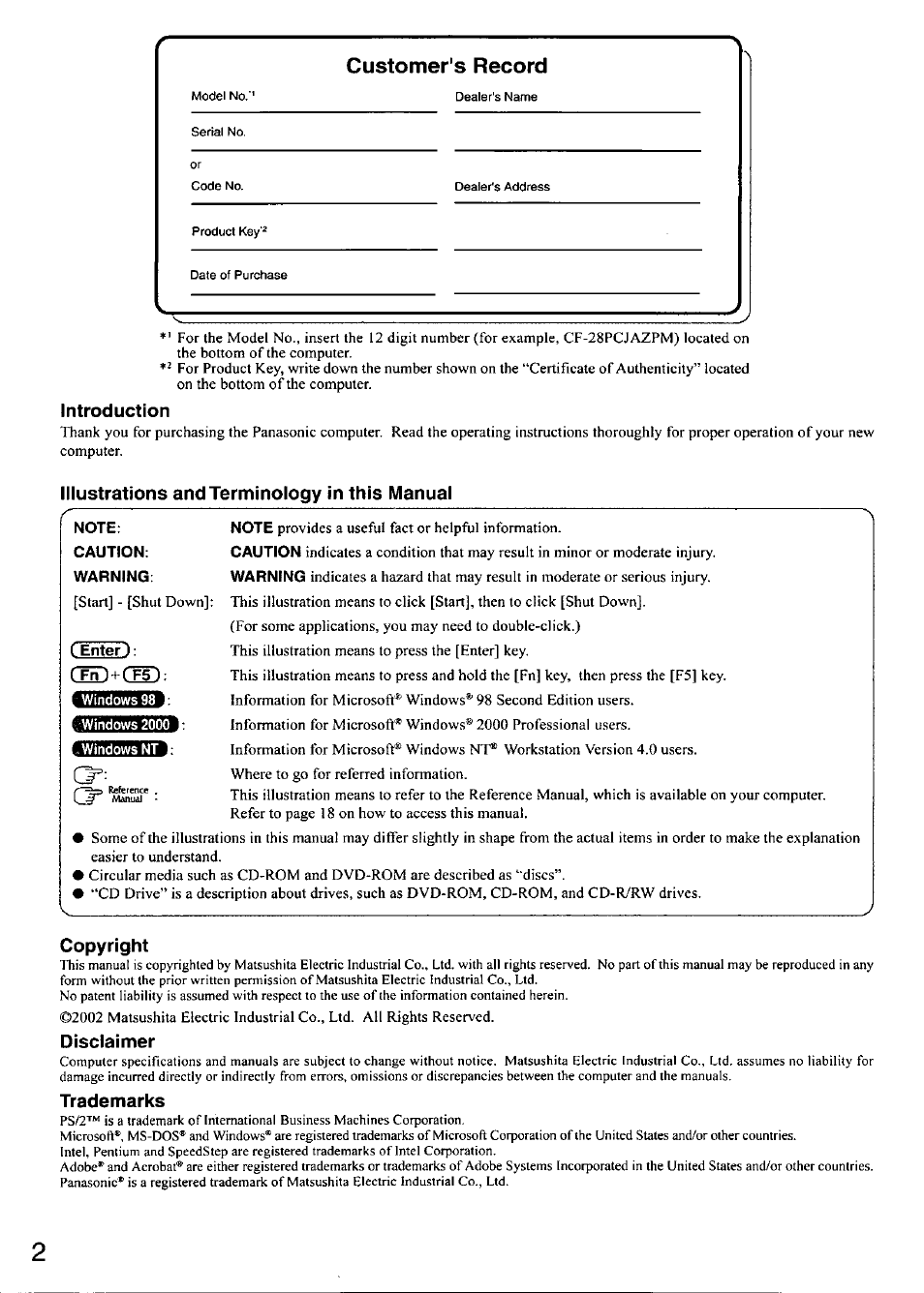 Introduction, Illustrations and terminology in this manual, Cbebbi | Copyright, Disclaimer, Trademarks, Customer's record | Panasonic TOUGHBOOK CF-28 User Manual | Page 2 / 36