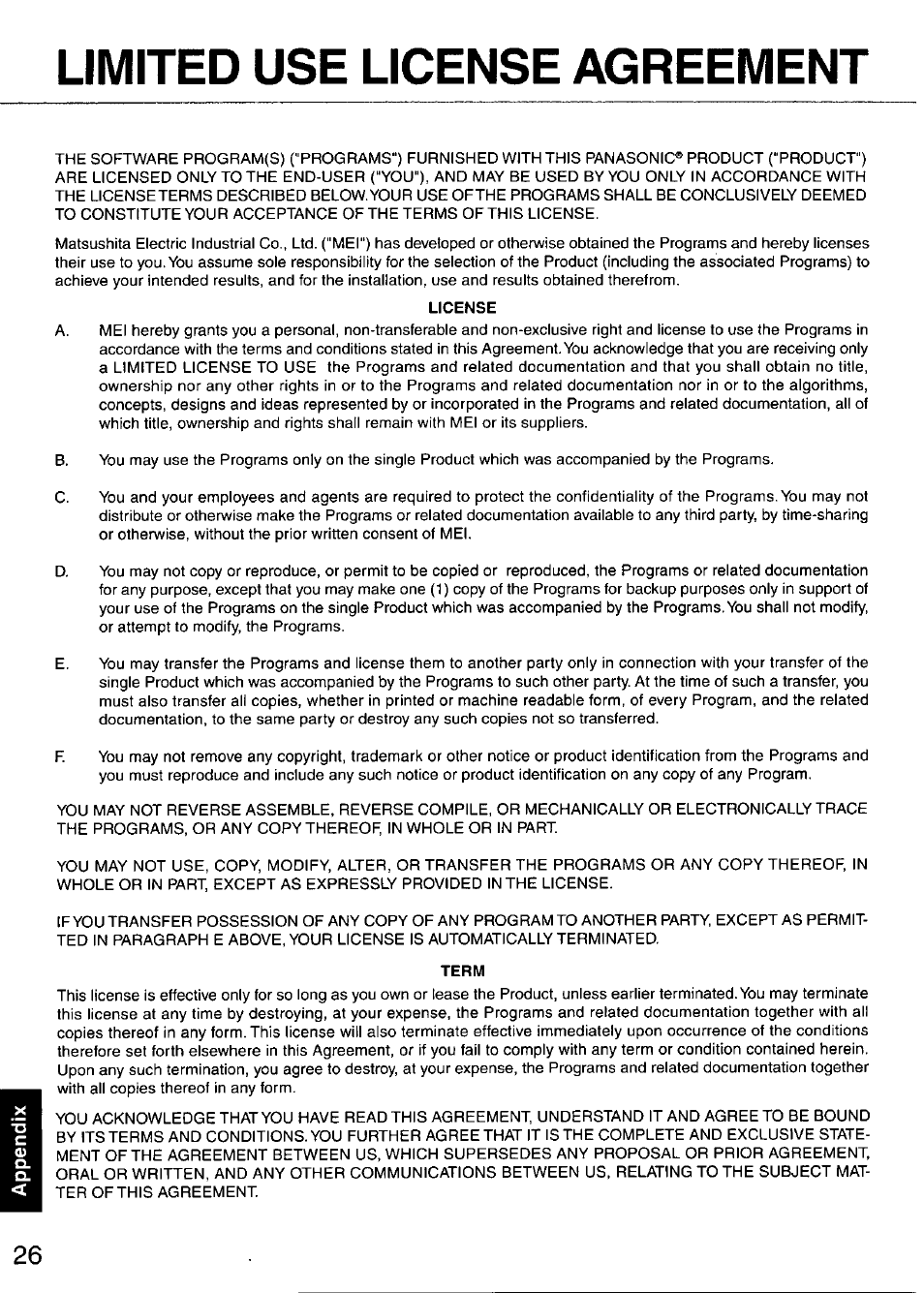 Limited use license agreement, License, Term | Panasonic TOUGHBOOK CF-28 User Manual | Page 26 / 36