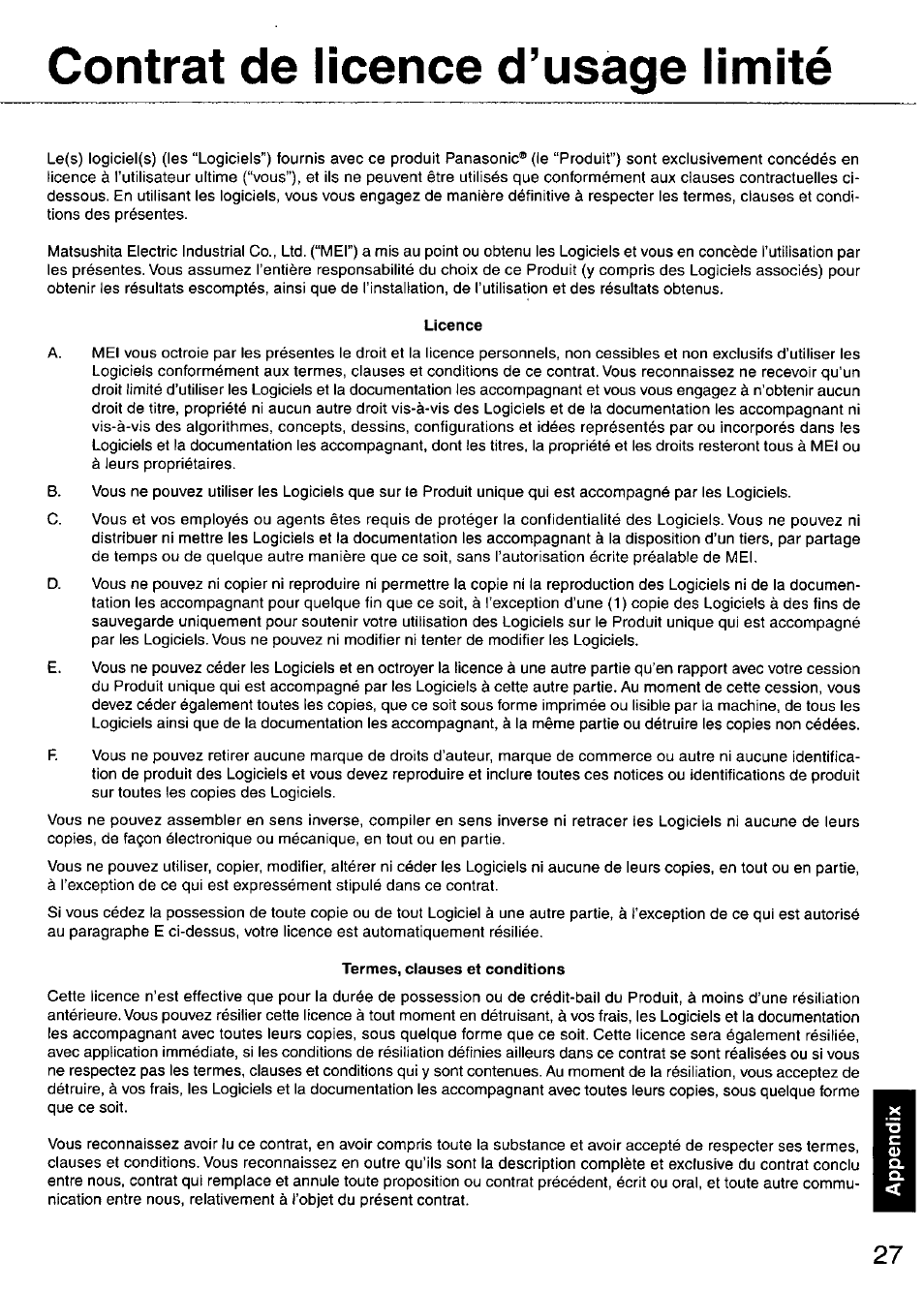 Contrat de licence d’usage limité, Licence, Termes, clauses et conditions | Panasonic TOUGHBOOK CF-28 User Manual | Page 27 / 36