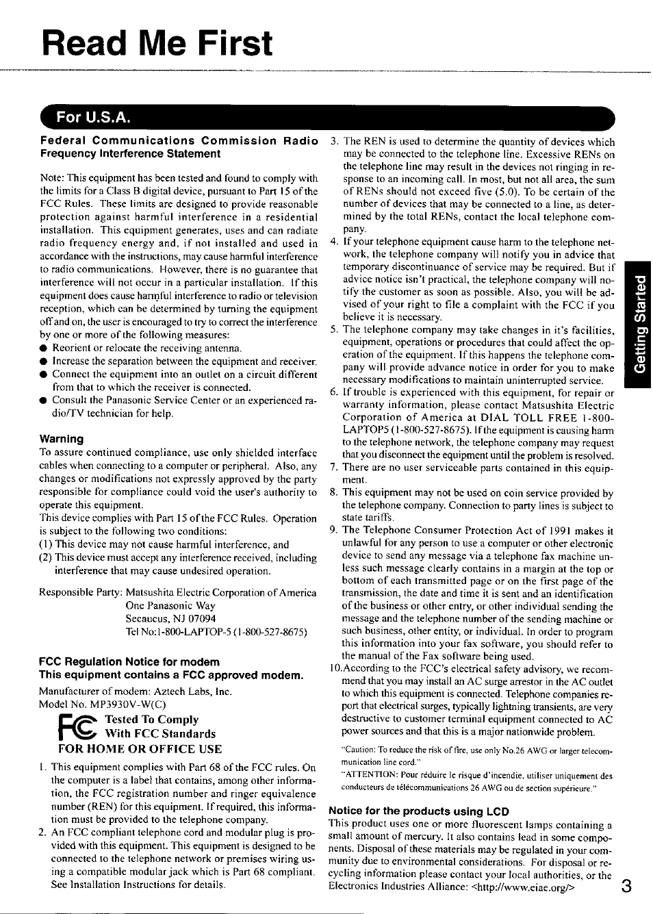 Read me first, Warning, Fcc regulation notice for modem | Notice for the products using lcd, For u.s.a | Panasonic TOUGHBOOK CF-28 User Manual | Page 3 / 36