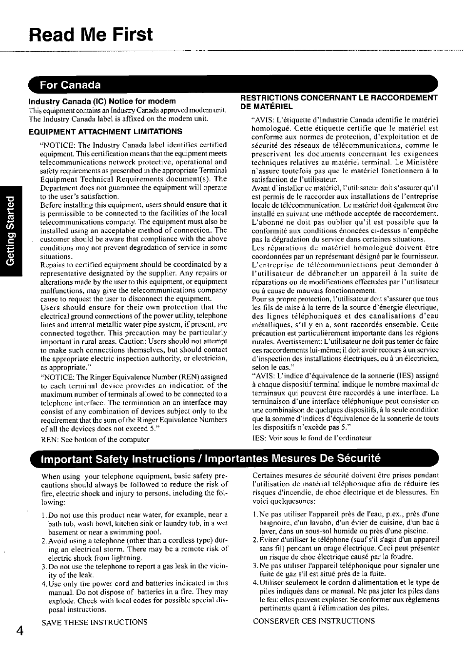 Industry canada (ic) notice for modem, Equipment attachment limitations, Read me first | For canada | Panasonic TOUGHBOOK CF-28 User Manual | Page 4 / 36