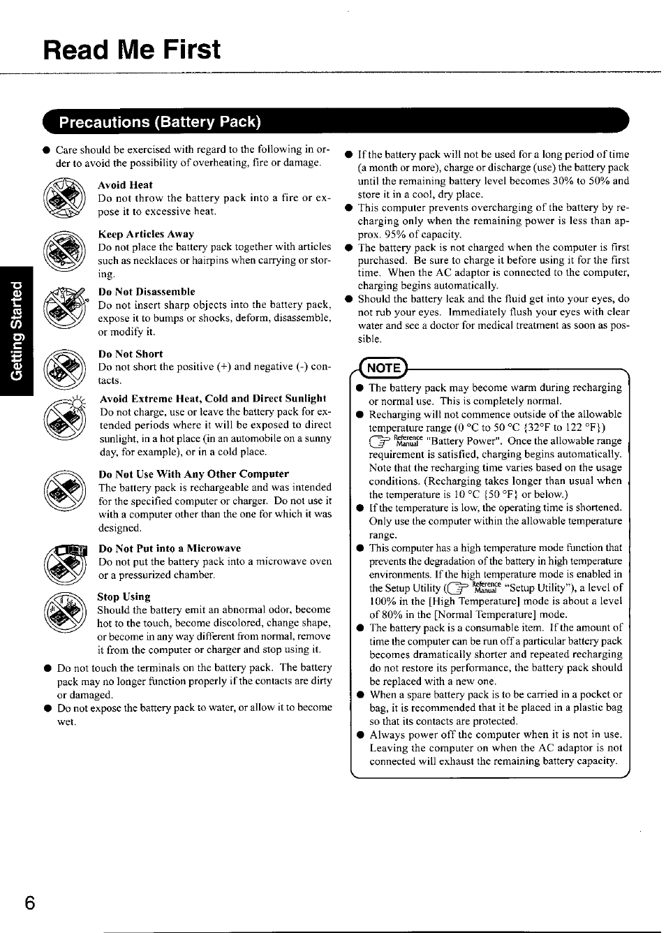 Read me first, Precautions (battery pack) | Panasonic TOUGHBOOK CF-28 User Manual | Page 6 / 36