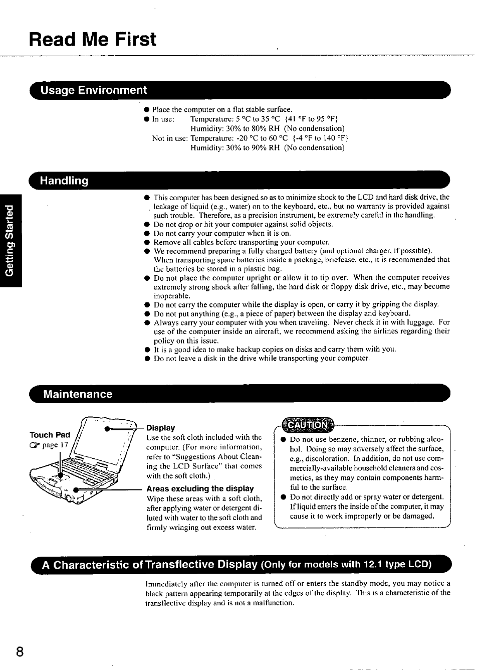 Touch pad, Display, Read me first | Usage environment, Handling, Maintenance, A characteristic of transflective display | Panasonic TOUGHBOOK CF-28 User Manual | Page 8 / 36