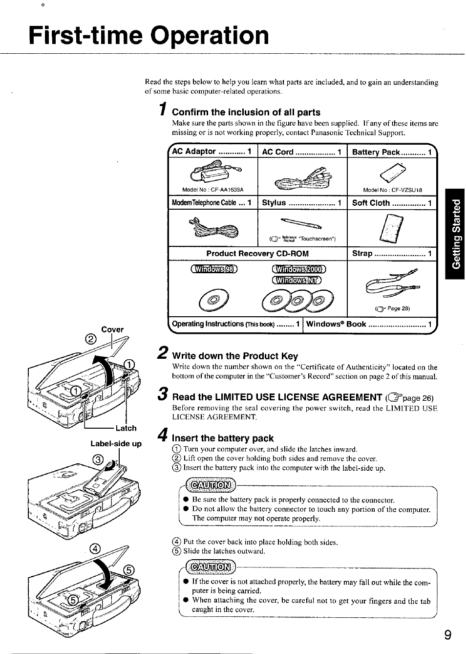 First-time operation, Confirm the inclusion of all parts, Write down the product key | Insert the battery pack | Panasonic TOUGHBOOK CF-28 User Manual | Page 9 / 36