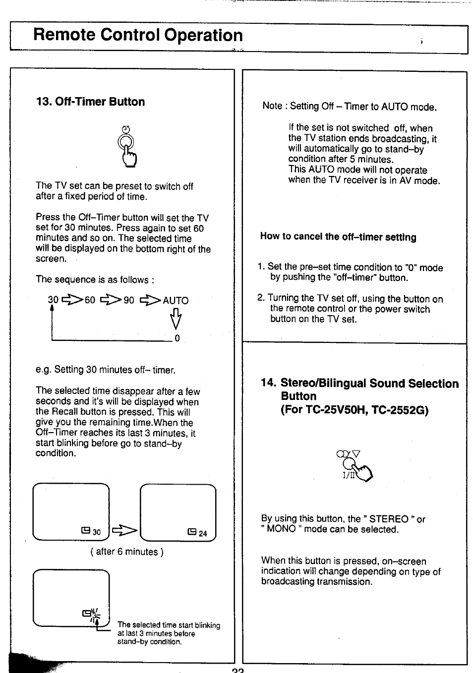 Off-timer button, 30ci>60 ci>90 t^auto, 14, stereo/bilingual sound selection button | For tc-25v50h, tc-2552g), Remote control operation | Panasonic TC-25V50H EN User Manual | Page 22 / 28