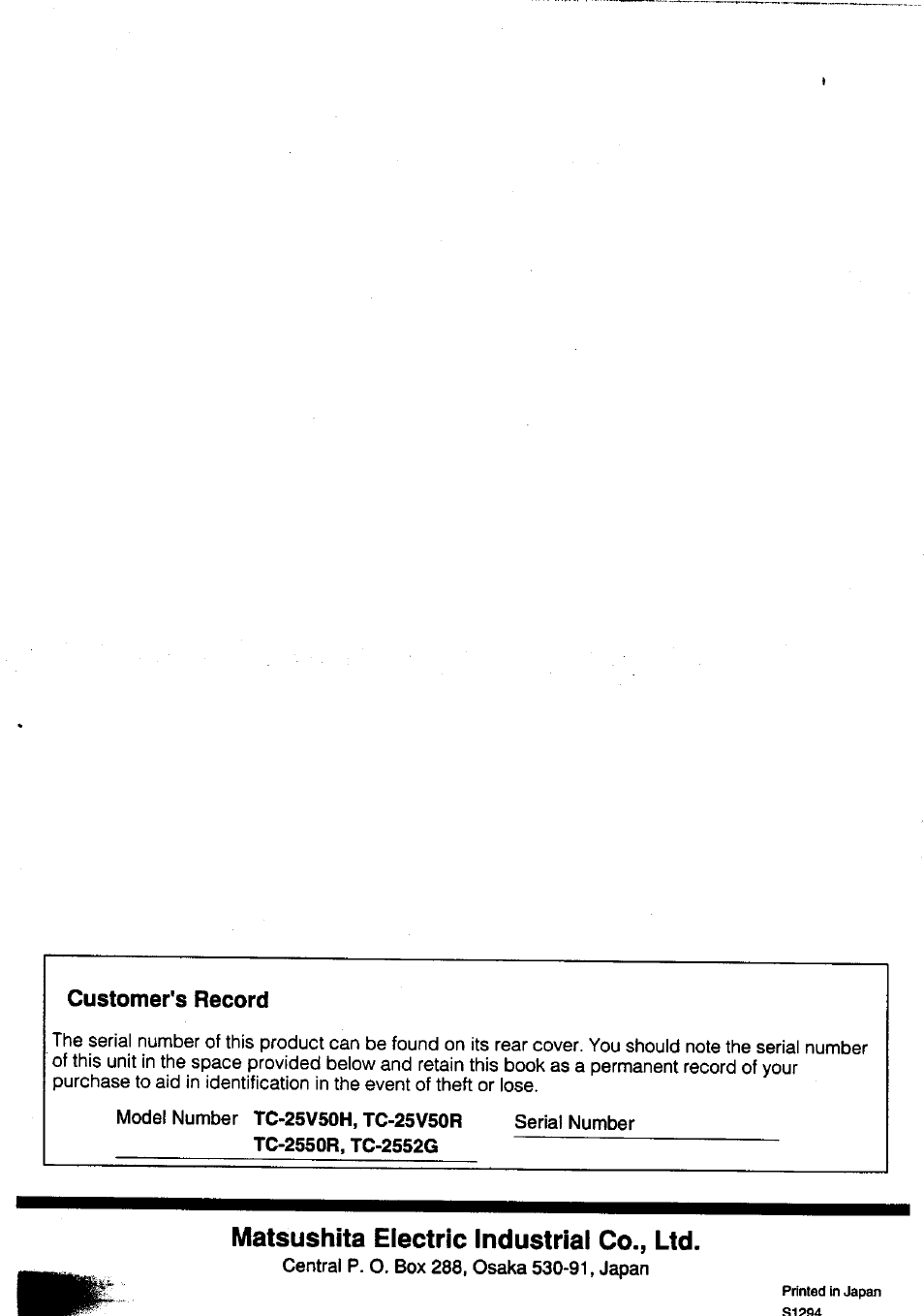 Customer's record, Matsushita electric industrial co., ltd | Panasonic TC-25V50H EN User Manual | Page 28 / 28