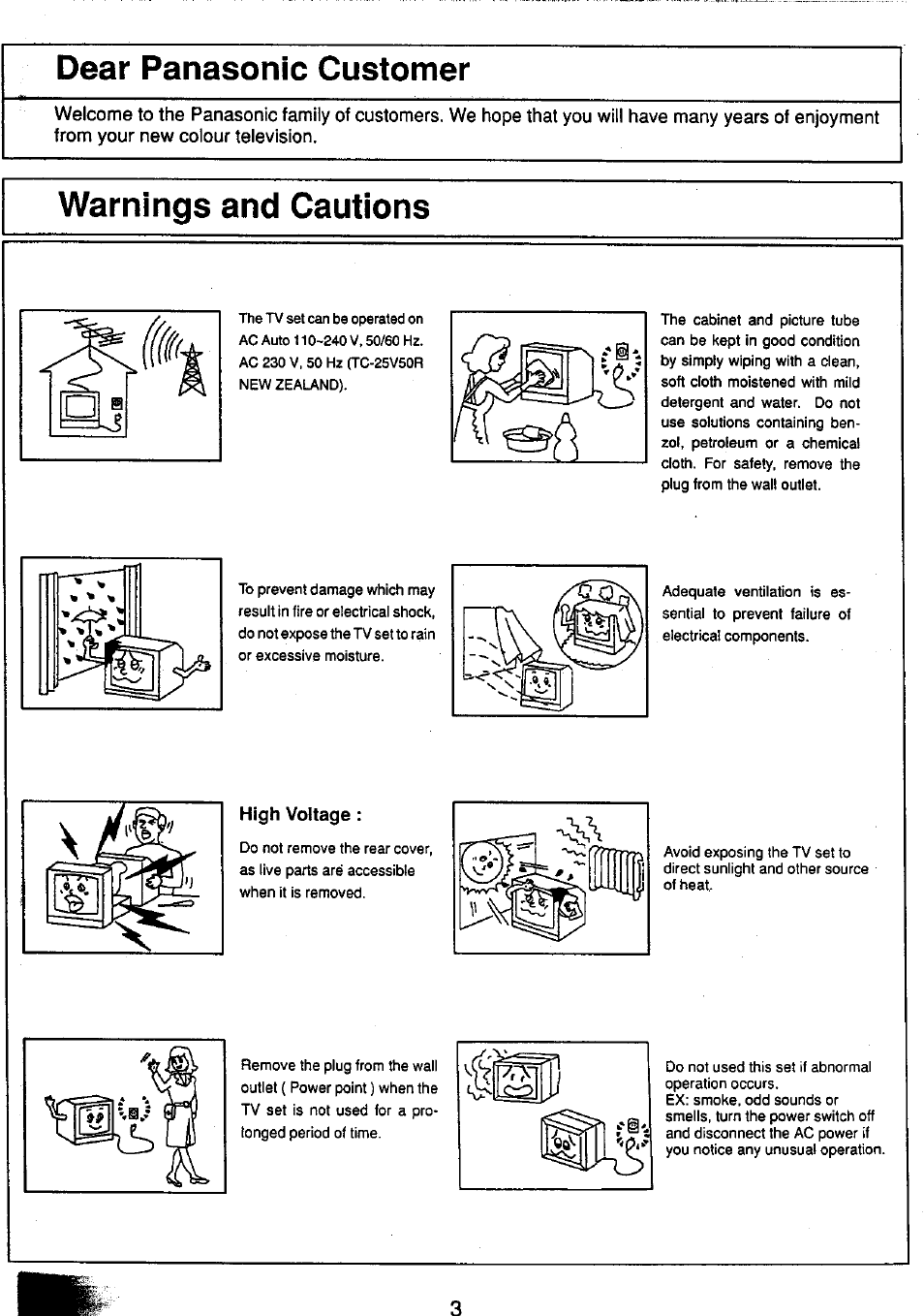 Dear panasonic customer, Warnings and cautions | Panasonic TC-25V50H EN User Manual | Page 3 / 28