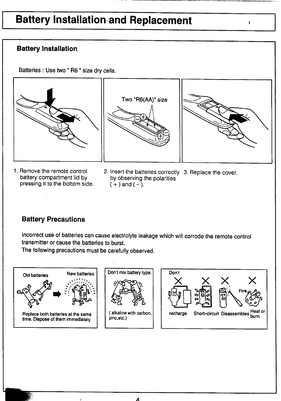Battery installation and replacement, Battery installation, Battery precautions | Panasonic TC-25V50H EN User Manual | Page 4 / 28