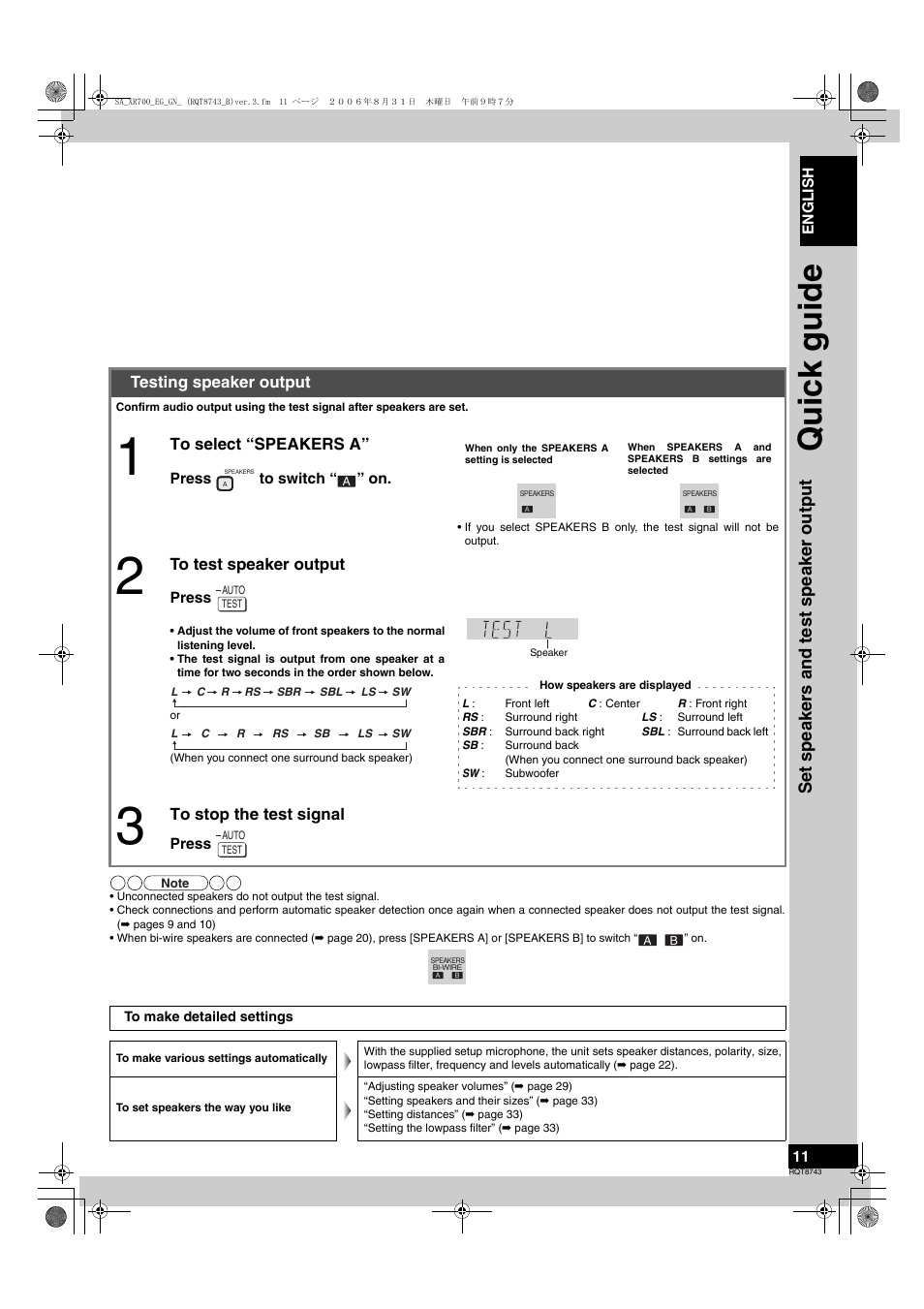 Quic k guide, Set speakers and test speaker output | Panasonic SA-XR700 User Manual | Page 11 / 48