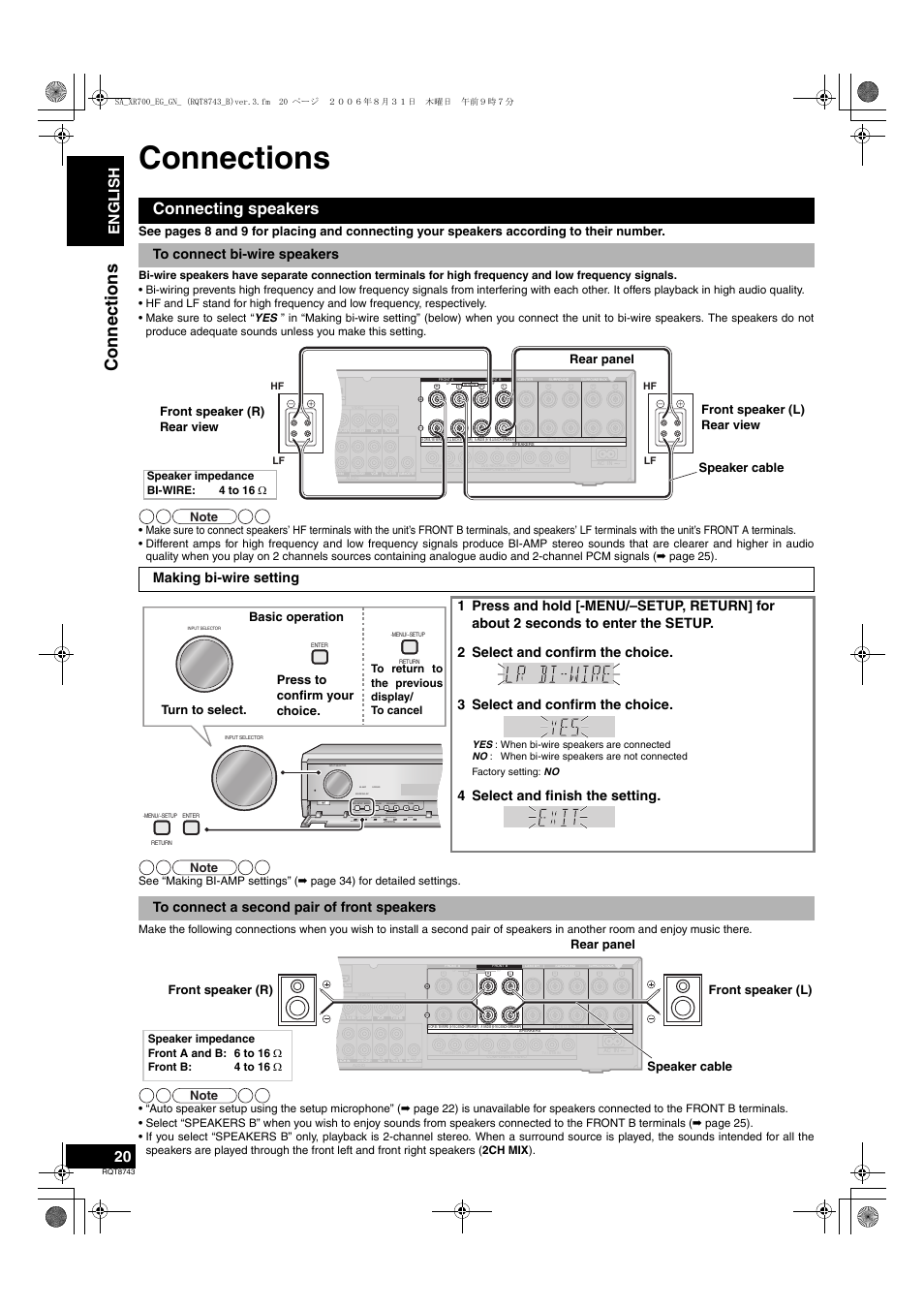 Connections, Connecting speakers, English | Surround speakers enter, Menu, Setup auto detector return tune, Speaker cable, Turn to select. press to confirm your choice, Speaker impedance bi-wire: 4 to 16 ω, Hf lf lf | Panasonic SA-XR700 User Manual | Page 20 / 48