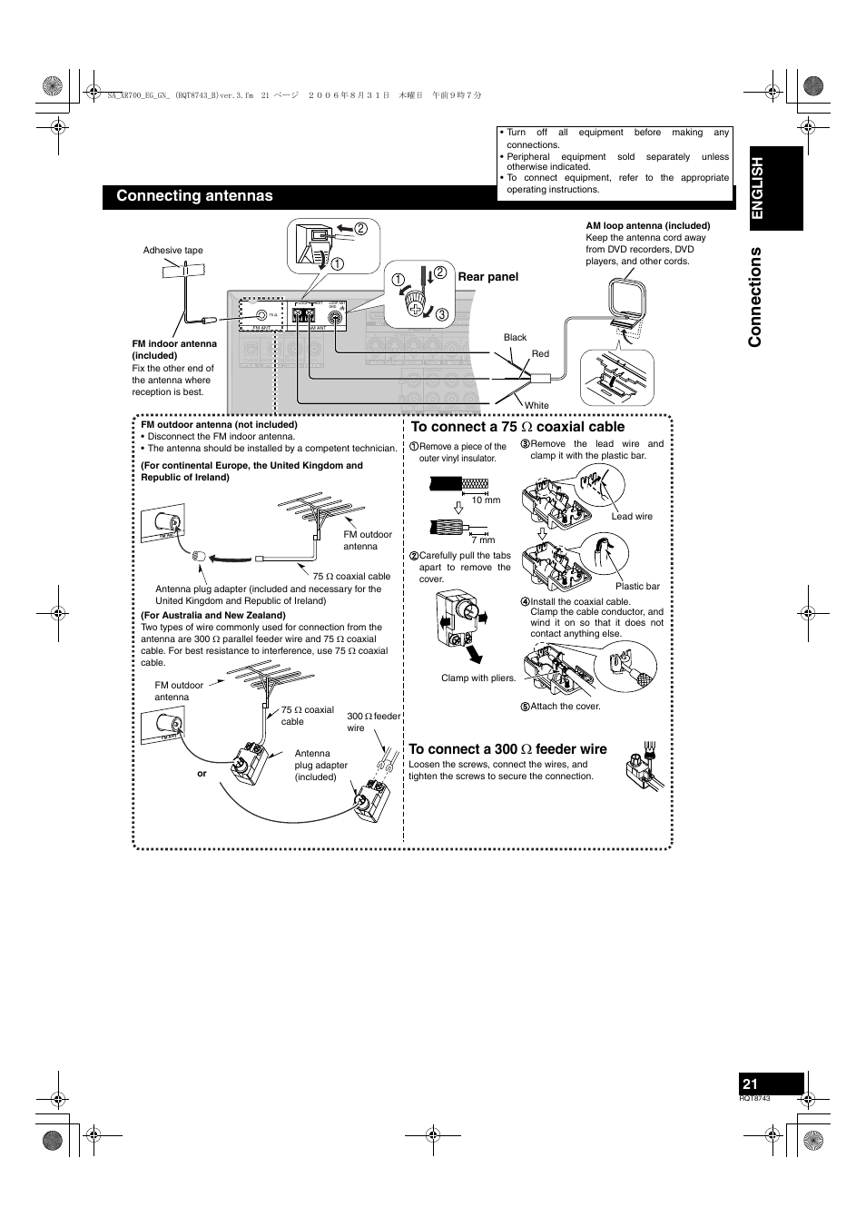 Connections, Connecting antennas, English | Rear panel | Panasonic SA-XR700 User Manual | Page 21 / 48