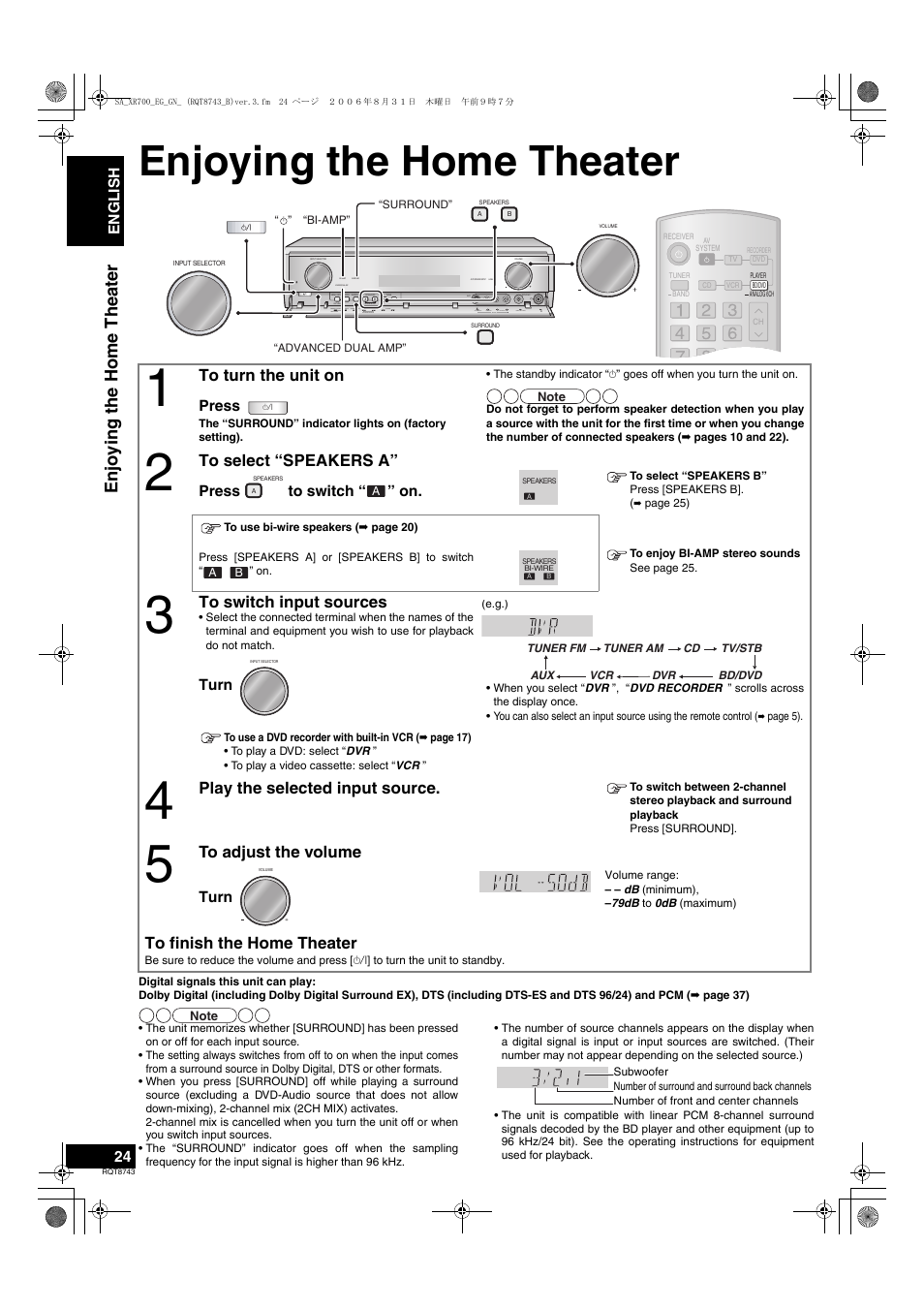 Enjoying the home theater, Play the selected input source, Press | Press to switch “ ” on, Turn, English | Panasonic SA-XR700 User Manual | Page 24 / 48