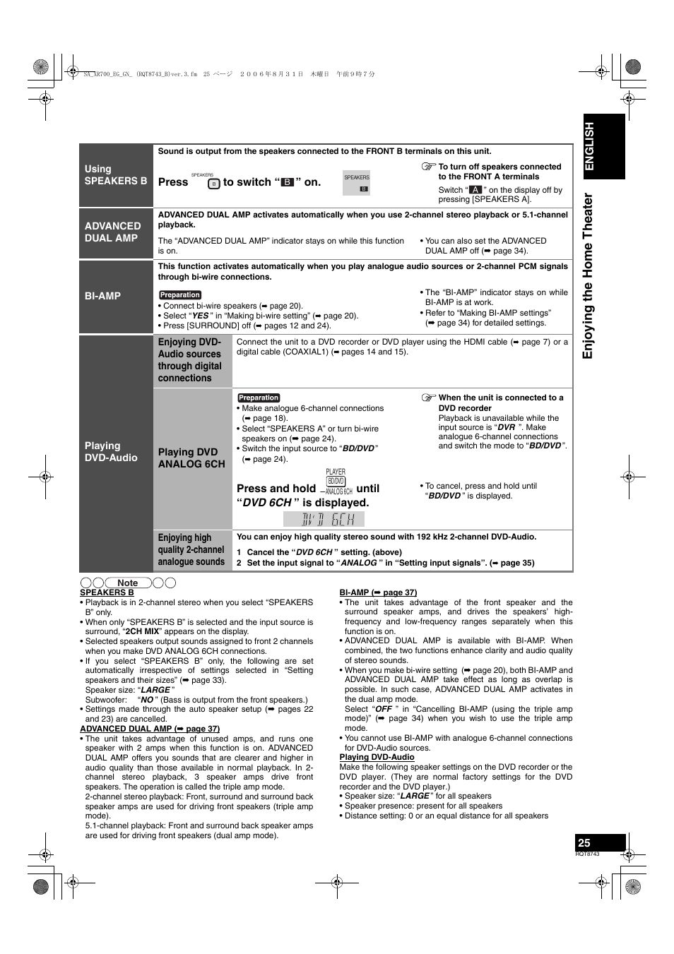 Enjoying the home theater, English, Press to switch “ ” on | Press and hold until “ dvd 6ch ” is displayed | Panasonic SA-XR700 User Manual | Page 25 / 48