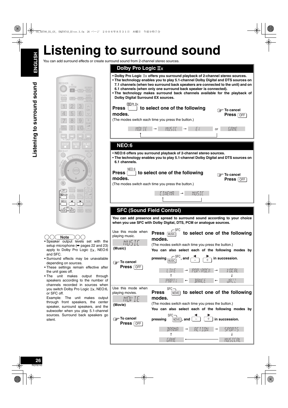 Listening to surround sound, Dolby pro logic, Neo:6 | Sfc (sound field control), Press to select one of the following modes, English, Press | Panasonic SA-XR700 User Manual | Page 26 / 48