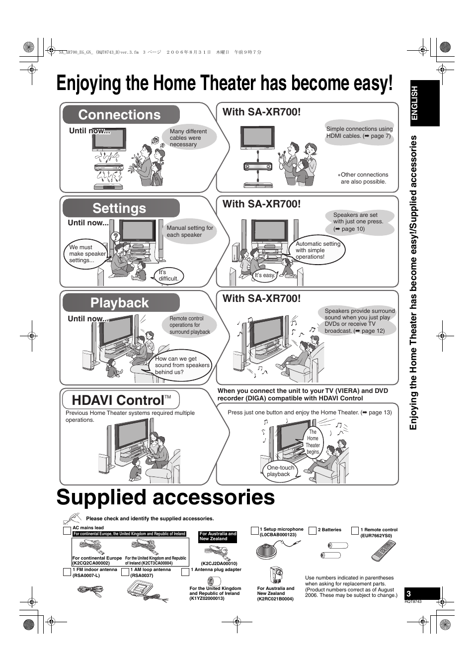 Connections settings playback, Hdavi control, With sa-xr700 | Panasonic SA-XR700 User Manual | Page 3 / 48