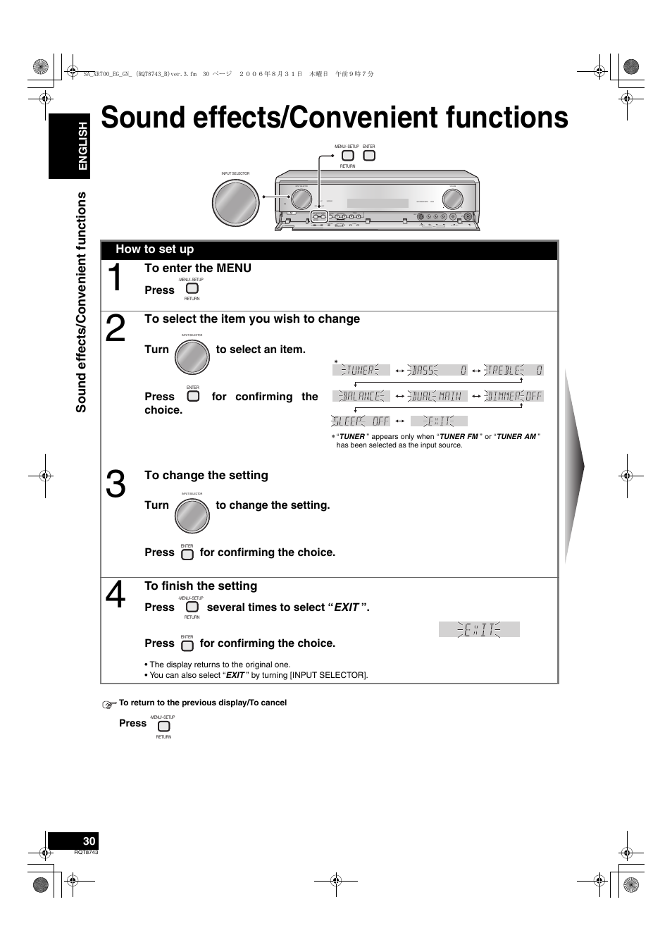 Sound effects/convenient functions, How to set up, Press | English | Panasonic SA-XR700 User Manual | Page 30 / 48