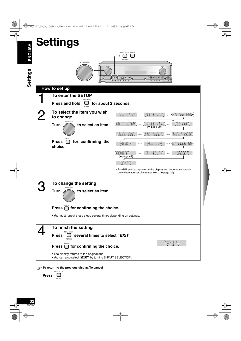 Settings, How to set up, Press and hold for about 2 seconds | English | Panasonic SA-XR700 User Manual | Page 32 / 48