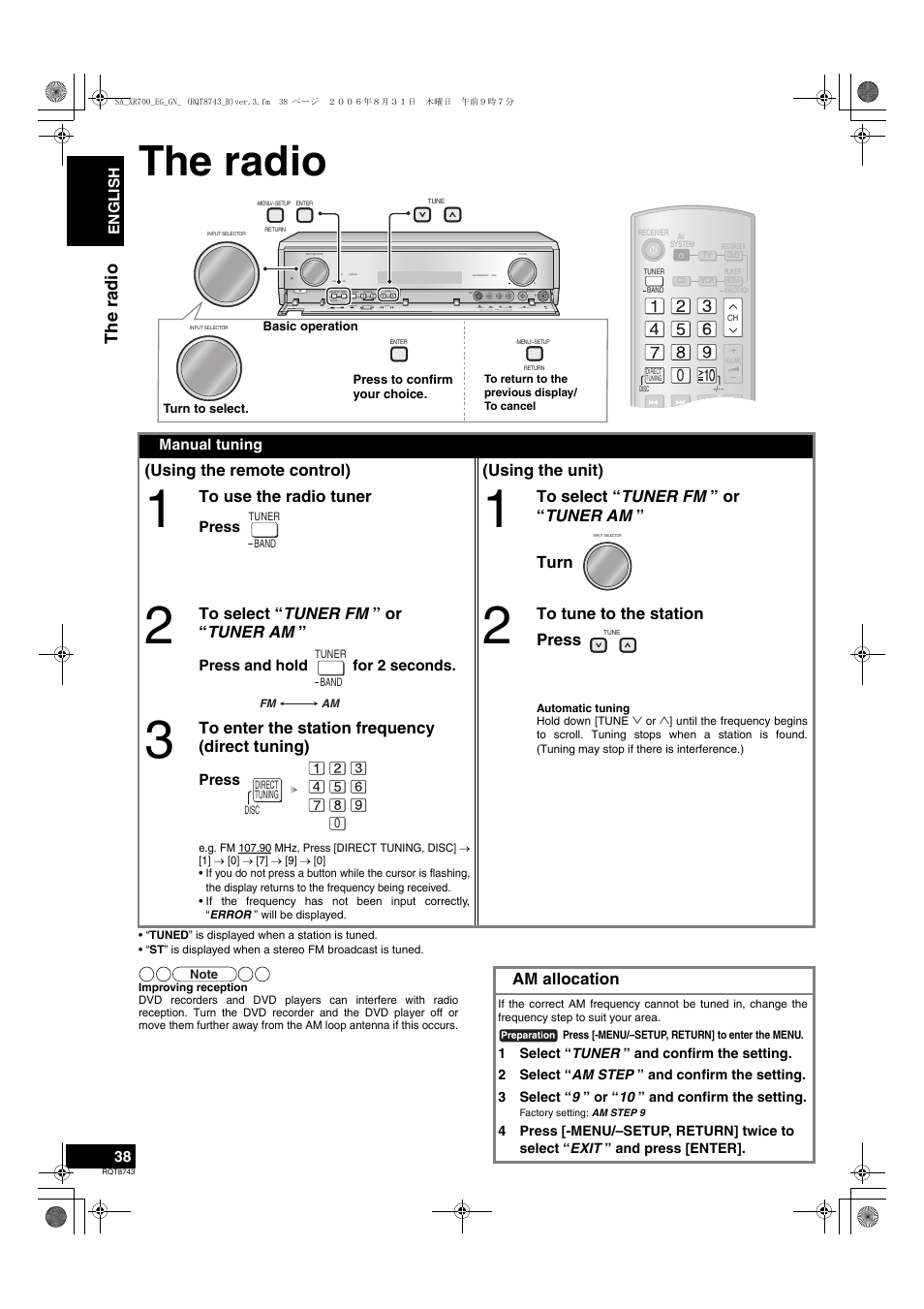 The radio, Using the remote control) (using the unit), Am allocation | Panasonic SA-XR700 User Manual | Page 38 / 48