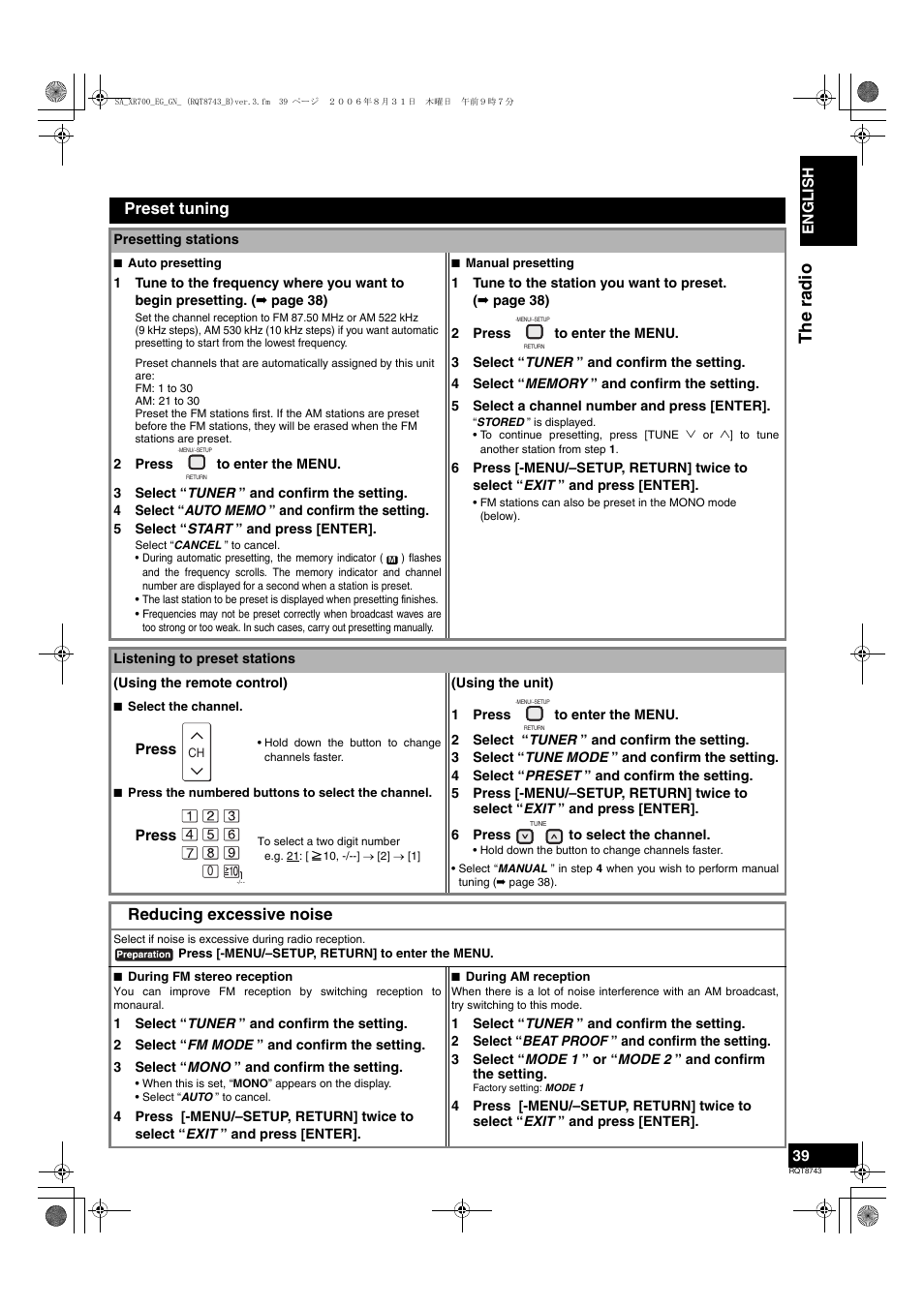 The radio, Preset tuning, Reducing excessive noise | English, Press | Panasonic SA-XR700 User Manual | Page 39 / 48