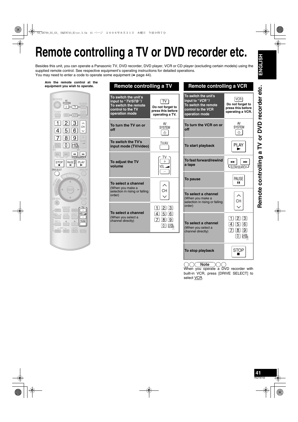 Remote controlling a tv or dvd recorder etc, Remote controlling a tv, Remote controlling a vcr | English, Play, Pause, Stop | Panasonic SA-XR700 User Manual | Page 41 / 48