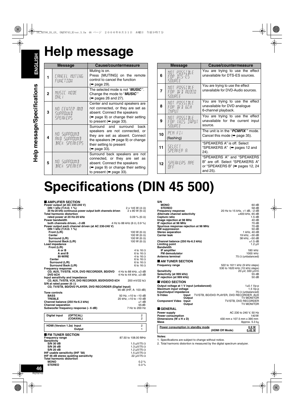 Help message/specifications, English | Panasonic SA-XR700 User Manual | Page 46 / 48