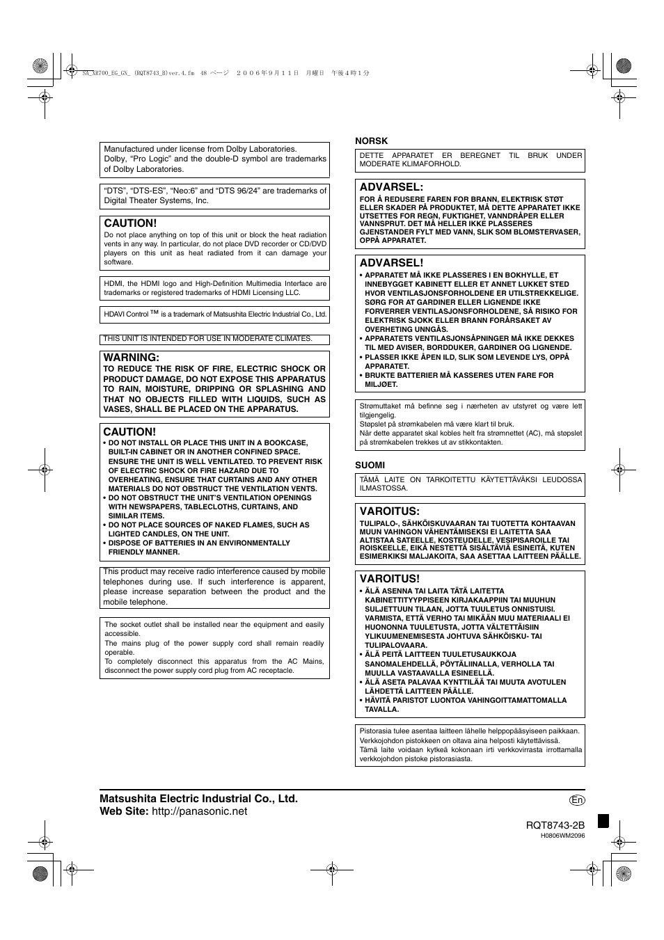 Caution, Warning, Advarsel | Varoitus | Panasonic SA-XR700 User Manual | Page 48 / 48