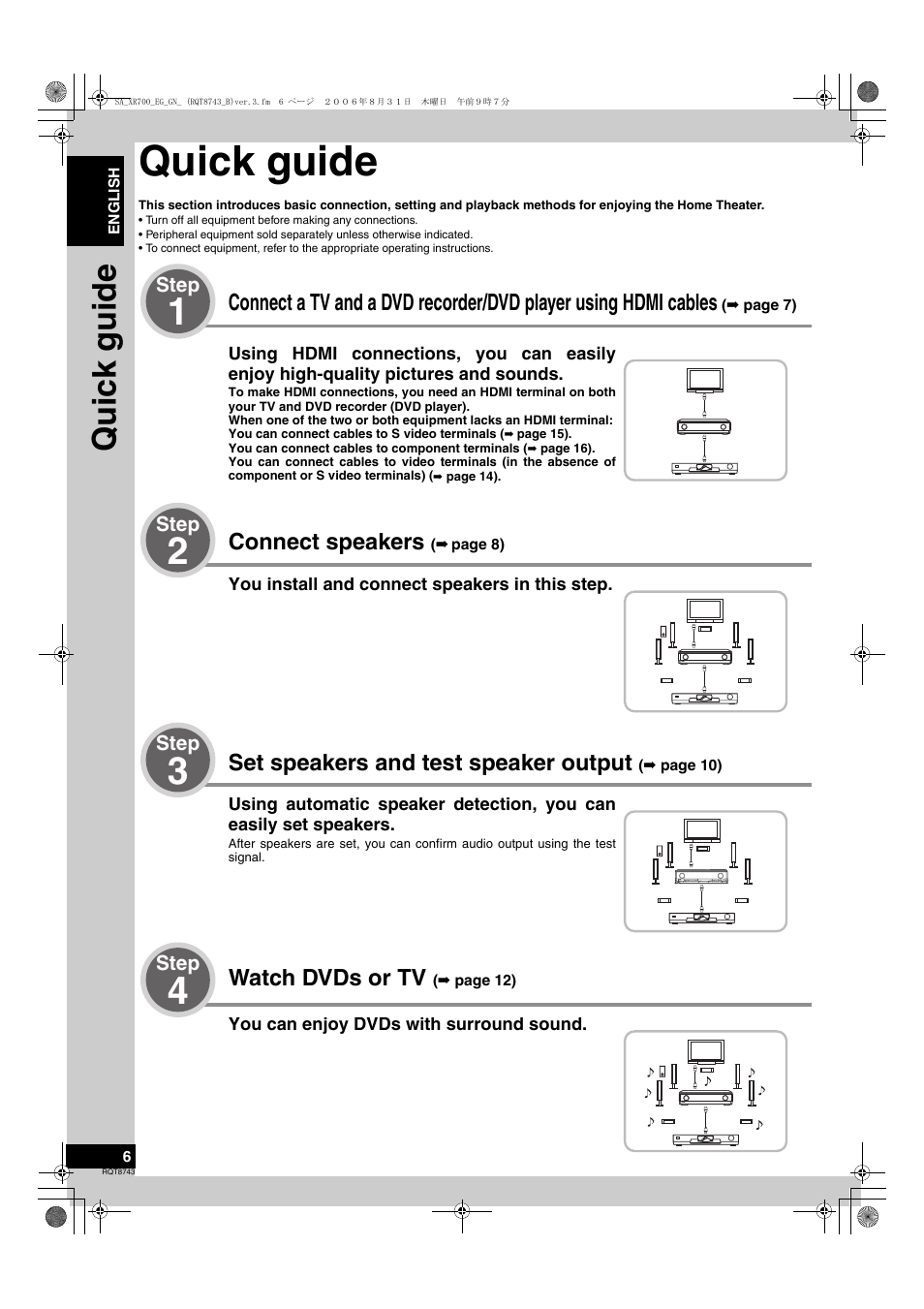 Quick guide, Quic k guide, Connect speakers | Set speakers and test speaker output, Watch dvds or tv | Panasonic SA-XR700 User Manual | Page 6 / 48