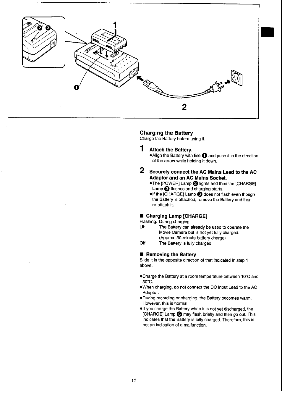 1 attach the battery, Charging lamp [charge, Removing the battery | Panasonic NV-VS3A User Manual | Page 11 / 88