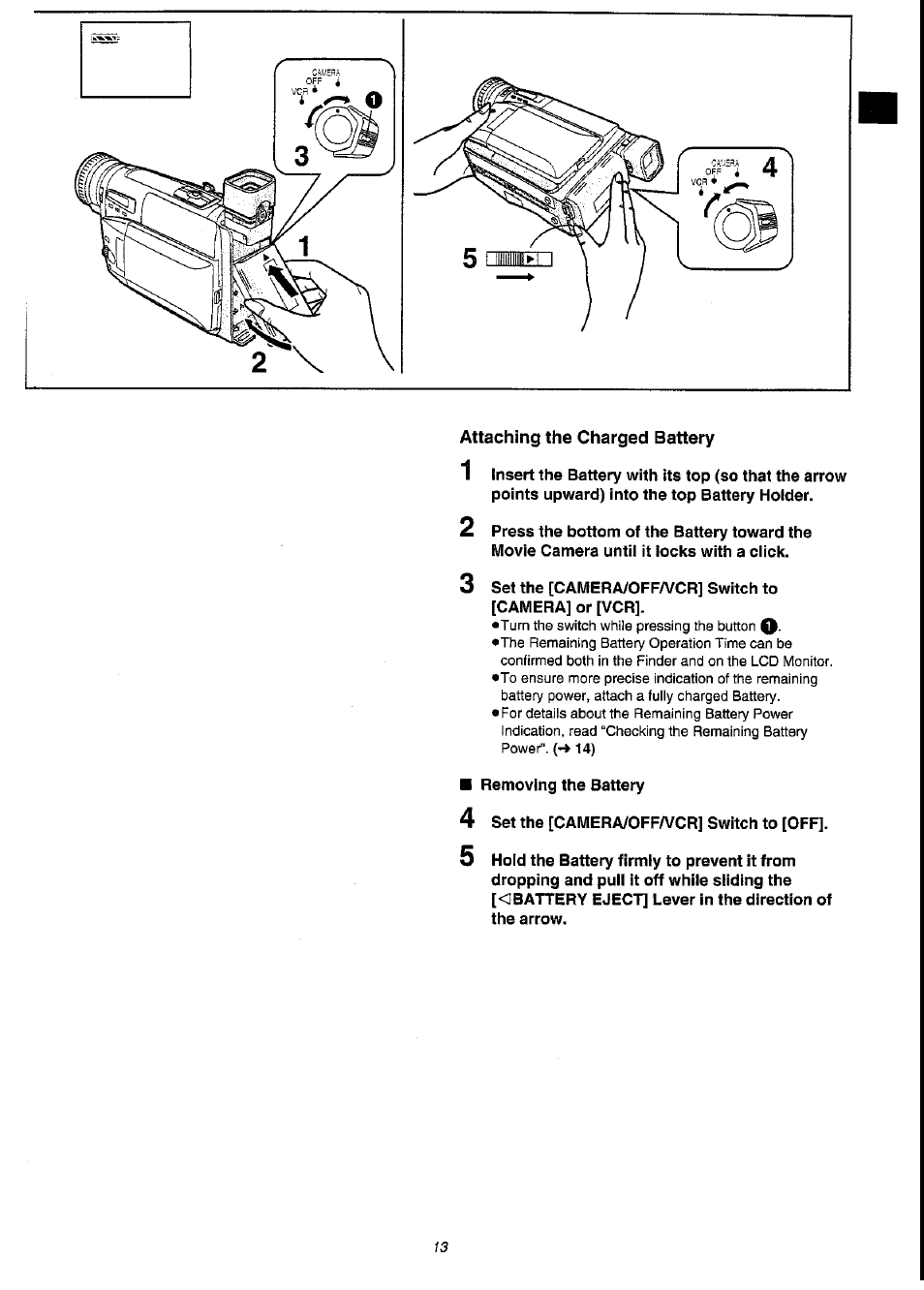 Attaching the charged battery | Panasonic NV-VS3A User Manual | Page 13 / 88