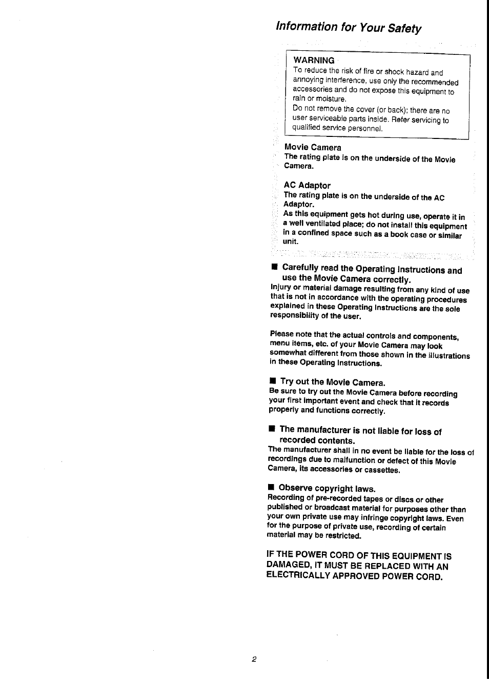 Movie camera, Ac adaptor, Try out the movie camera | Observe copyright laws, Information for your safety | Panasonic NV-VS3A User Manual | Page 2 / 88