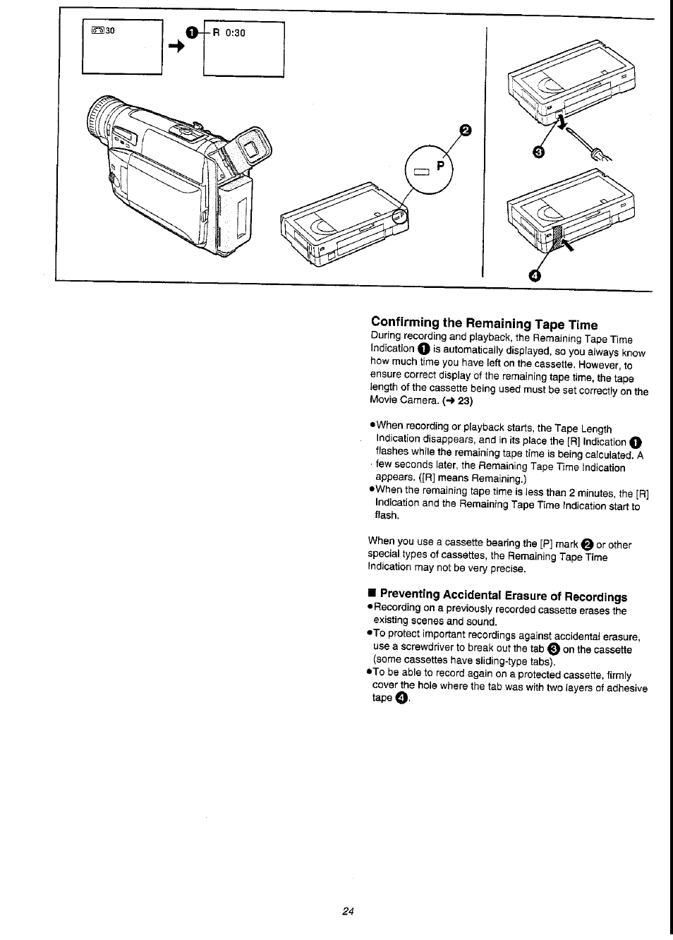 Confirming the remaining tape time, Preventing accidental erasure of recordings | Panasonic NV-VS3A User Manual | Page 24 / 88