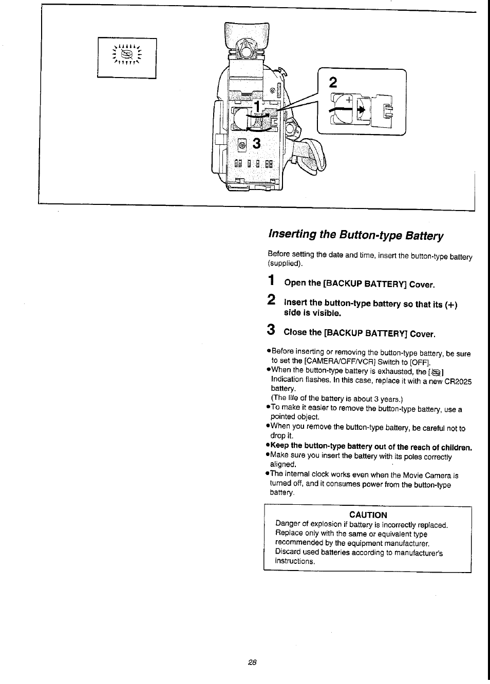 1 open the [backup battery] cover, 3 close the [backup battery] cover, Caution | Panasonic NV-VS3A User Manual | Page 28 / 88