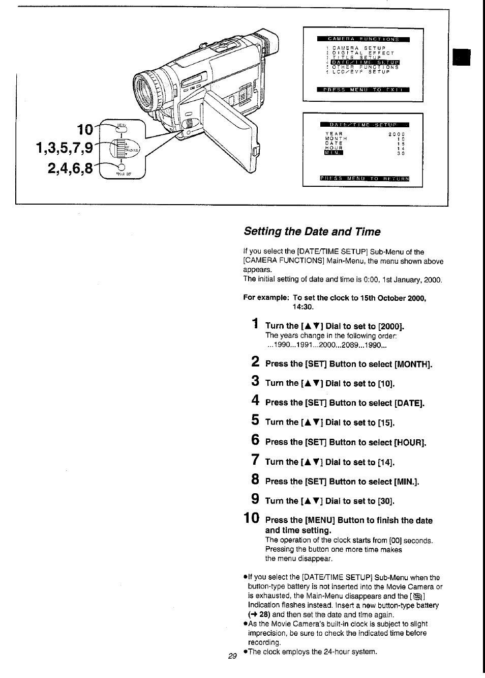 1 turn the [at] dial to set to [2000, 2 press the [set] button to select [month, 3 turn the [at] dial to set to [10 | 4 press the [set] button to select [date, 5 turn the [a t] dial to set to [15, 6 press the [set] button to select [hour, 7 turn the [a t] dial to set to [14, 8 press the [set] button to select [min, 9 turn the [at] dial to set to [30 | Panasonic NV-VS3A User Manual | Page 29 / 88