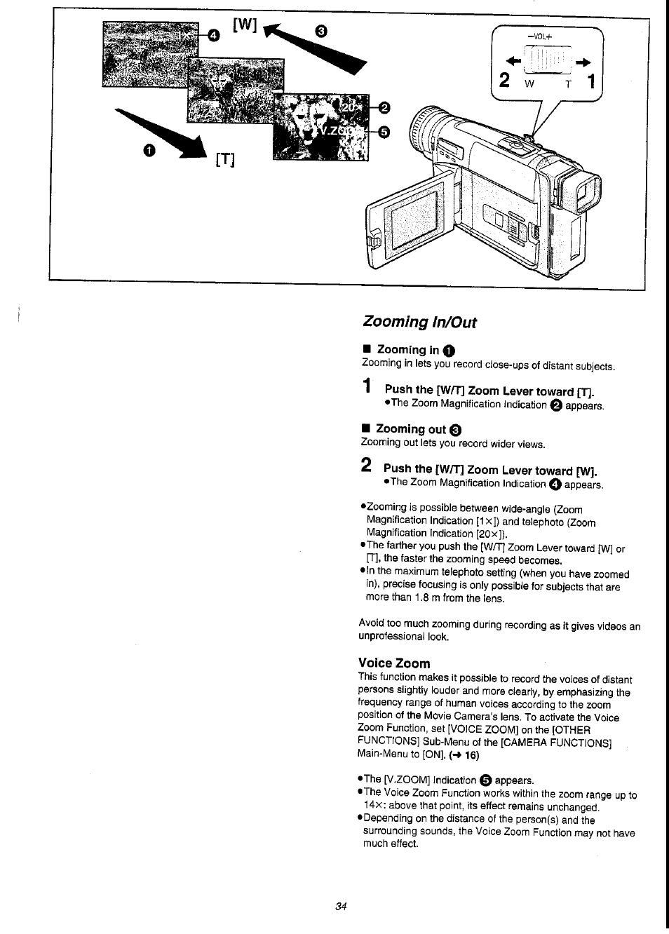 Zooming in o, 1 push the [w/t] zoom lever toward [t, Zooming out 0 | 2 push the [w/t] zoom lever toward [w, Voice zoom | Panasonic NV-VS3A User Manual | Page 34 / 88