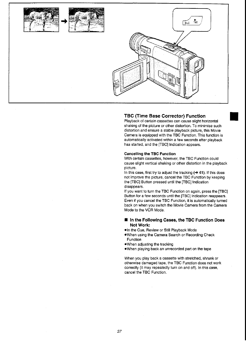 Tbc (time base corrector) function, Cancelling the tbc function, Tbc {time base corrector) function | Panasonic NV-VS3A User Manual | Page 37 / 88