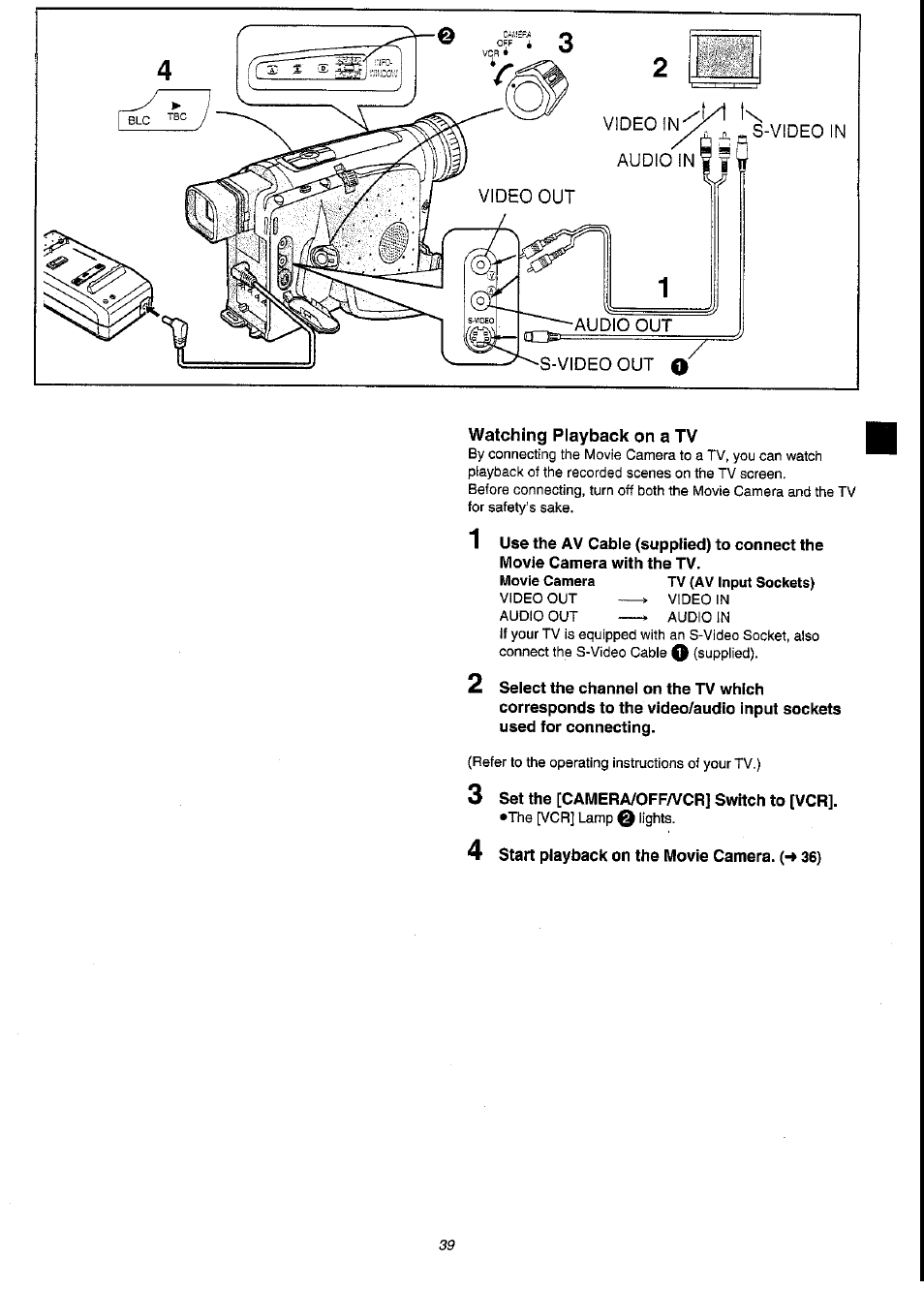 3 set the [camera/off/vcr] switch to [vcr, 4 start playback on the movie camera. (-»36) | Panasonic NV-VS3A User Manual | Page 39 / 88