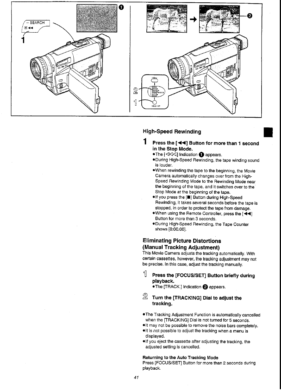 High-speed rewinding, Turn the [tracking] dial to adjust the tracking, Returning to the auto tracking mode | Panasonic NV-VS3A User Manual | Page 41 / 88
