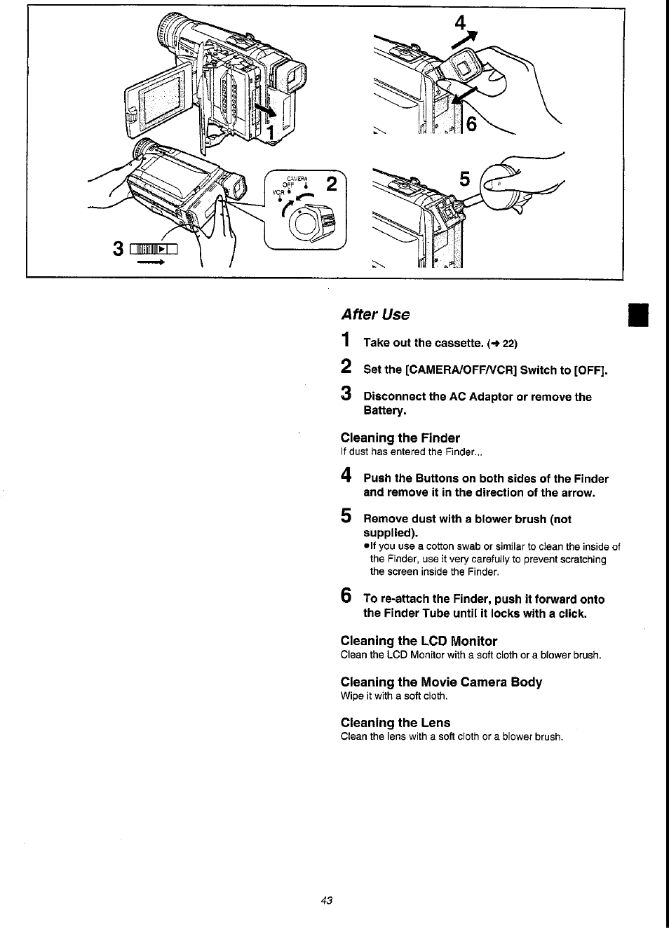 Cleaning the finder, Cleaning the lcd monitor, Cleaning the movie camera body | Cleaning the lens | Panasonic NV-VS3A User Manual | Page 43 / 88