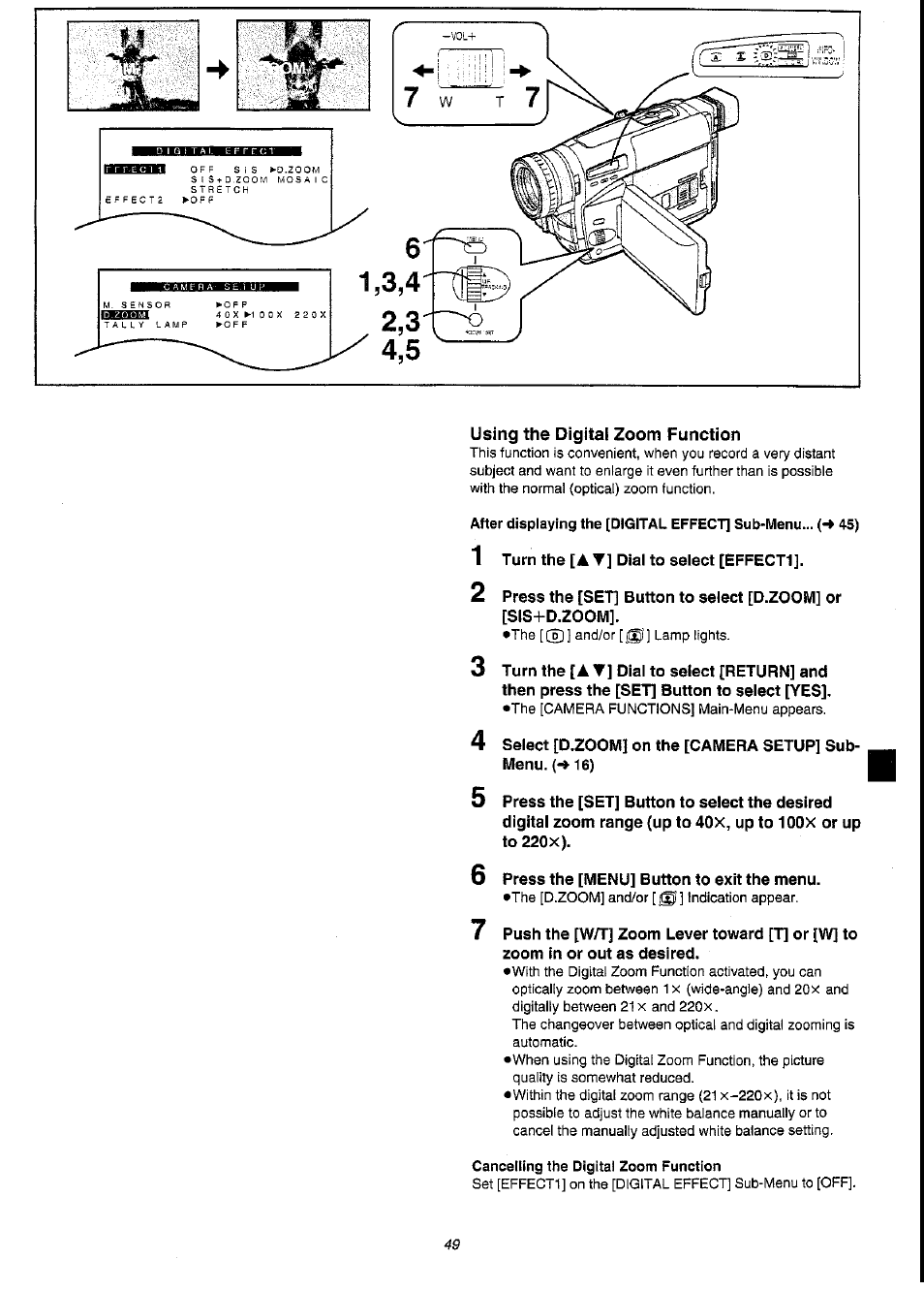 Using the digital zoom function, After displaying the [digital effect] sub’menu ), Cancelling the digital zoom function | Panasonic NV-VS3A User Manual | Page 49 / 88