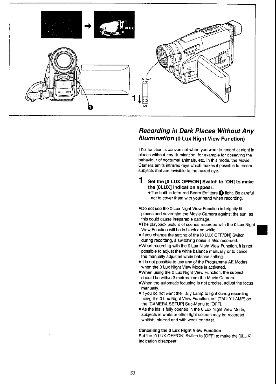 Cancelling the 0 lux night view function, Recording in dark pieces without any iiiumination | Panasonic NV-VS3A User Manual | Page 53 / 88