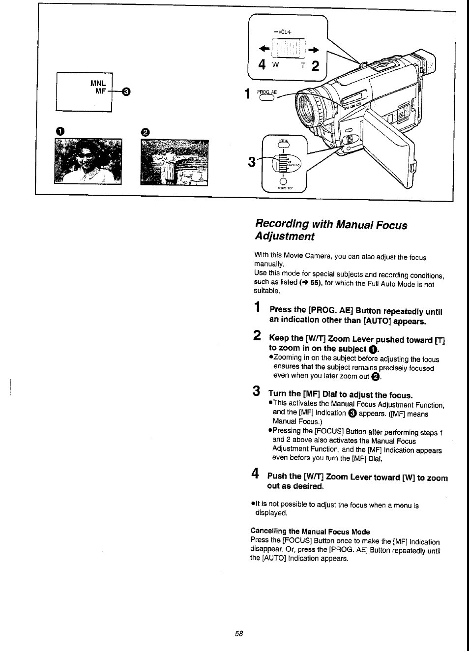 3 turn the [mf] dial to adjust the focus, Cancelling the manual focus mode | Panasonic NV-VS3A User Manual | Page 58 / 88